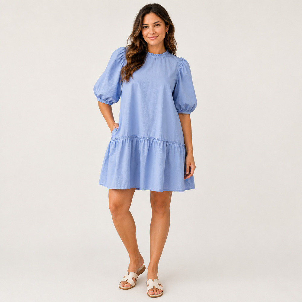 Mud Pie Women LG Blue Babydoll Dress Puff Sleeve Tiered Ruffle Prairie Boho MIni